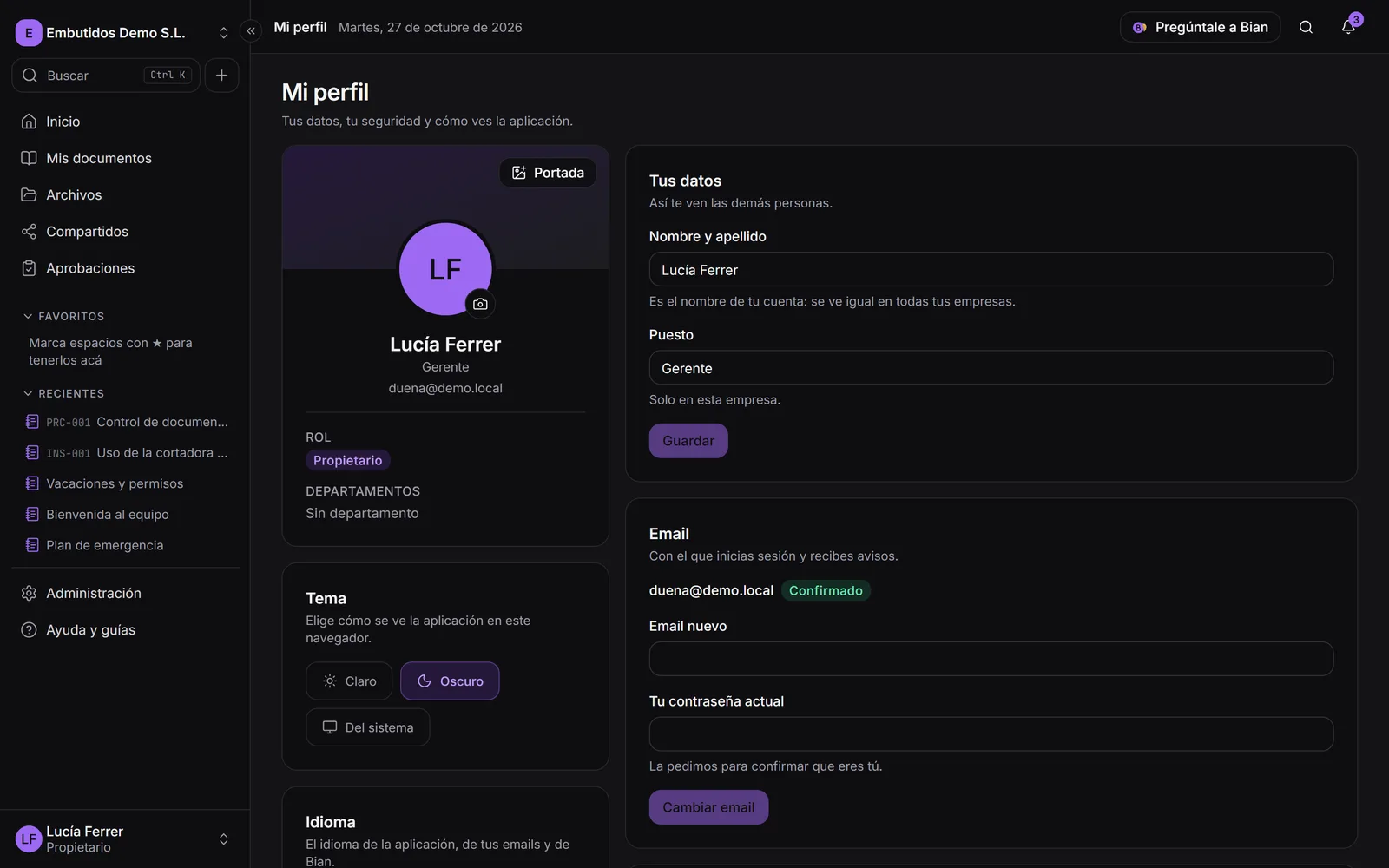 Mi perfil, con la sección Verificación en dos pasos