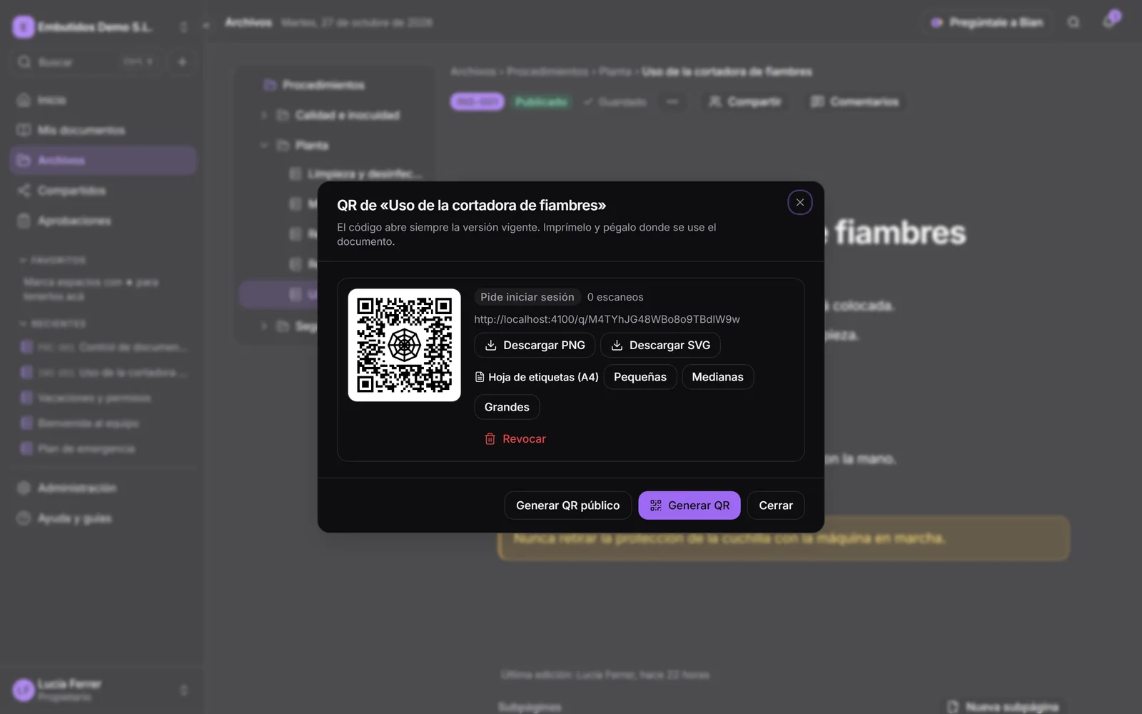 El diálogo de códigos QR con la vista previa, las descargas y la hoja de etiquetas