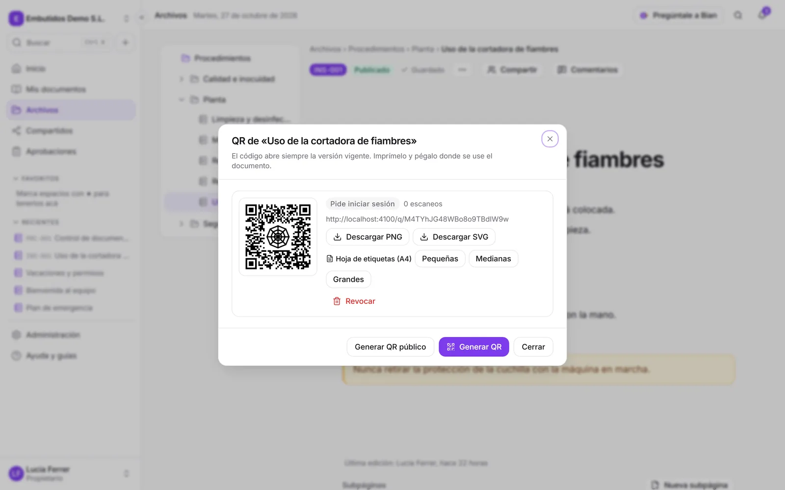 El diálogo de códigos QR con la vista previa, las descargas y la hoja de etiquetas