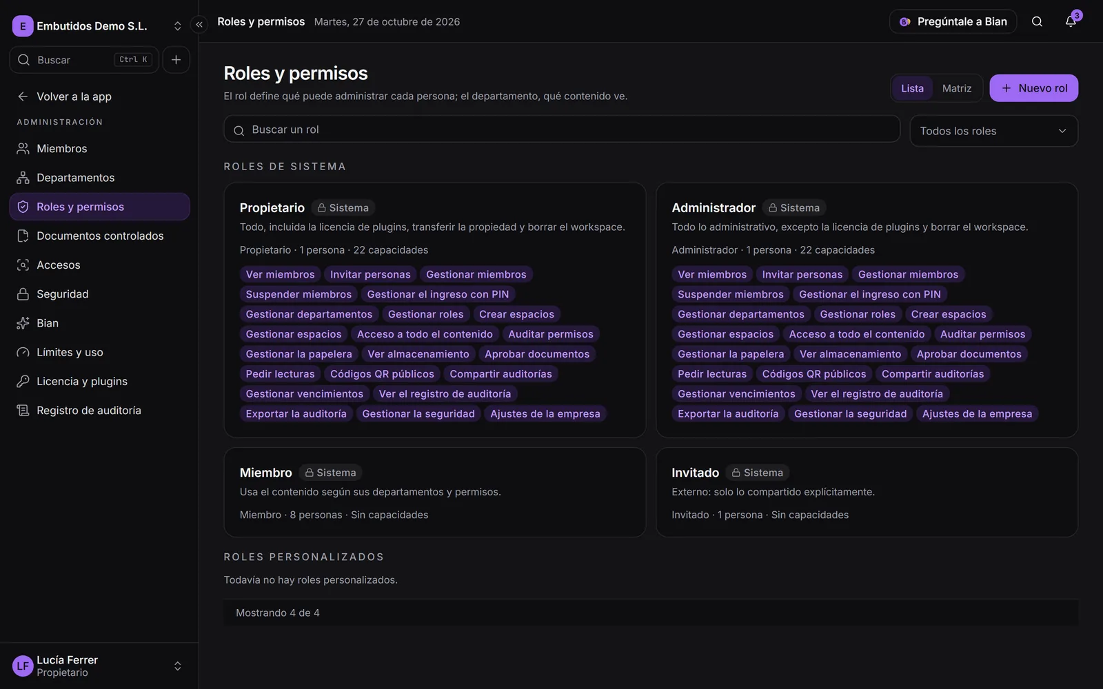 La pantalla Roles y permisos, con los roles de sistema y los personalizados