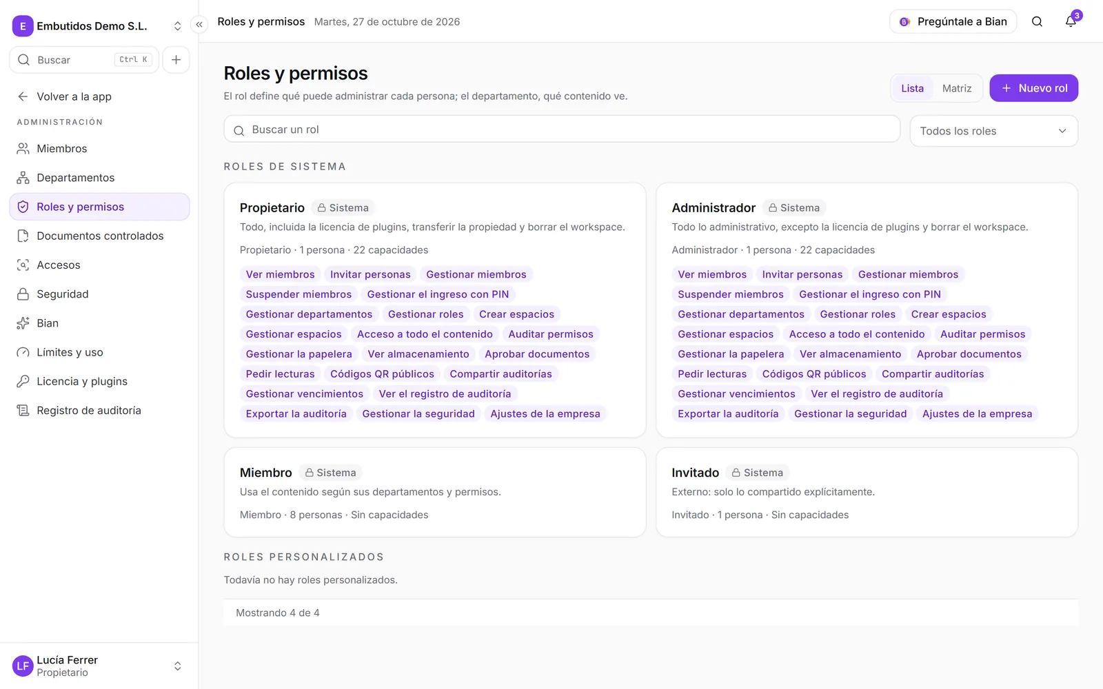 La pantalla Roles y permisos, con los roles de sistema y los personalizados