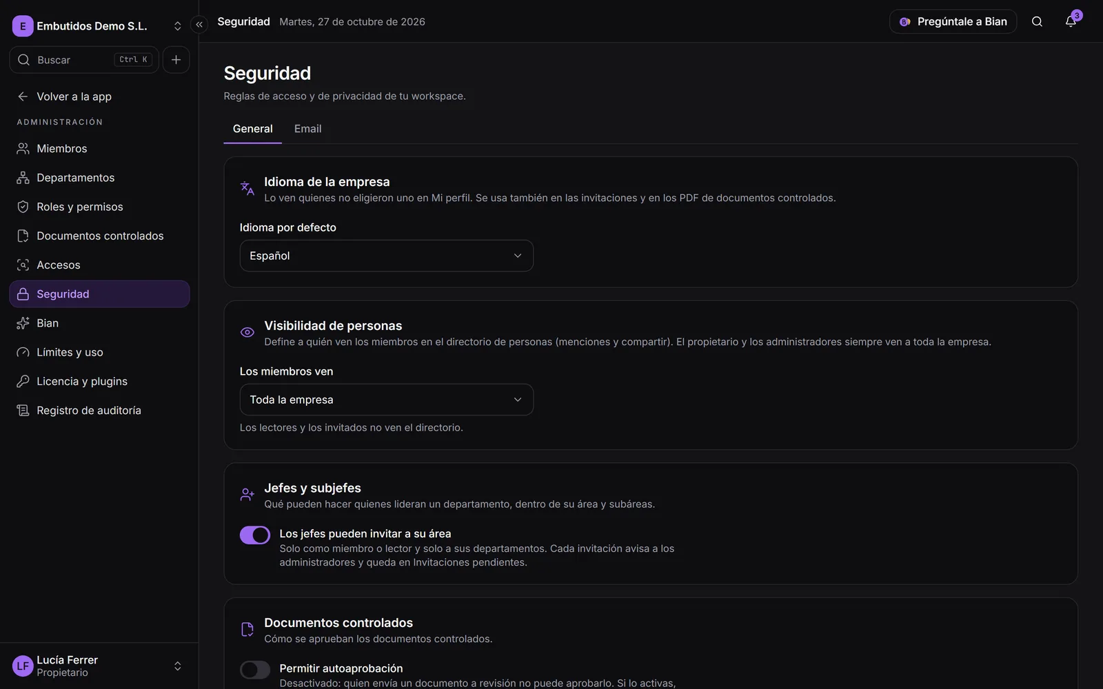 Administración › Seguridad, con las pestañas General y Email