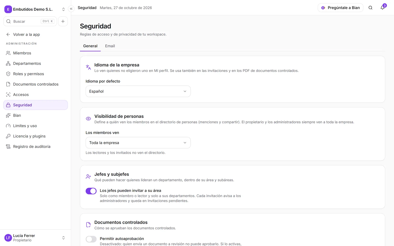 Administración › Seguridad, con las pestañas General y Email